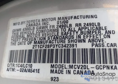 2000 Toyota Camry Solara Sle V6 из США, поврежденный, VIN 2T1CF28P3YC342391